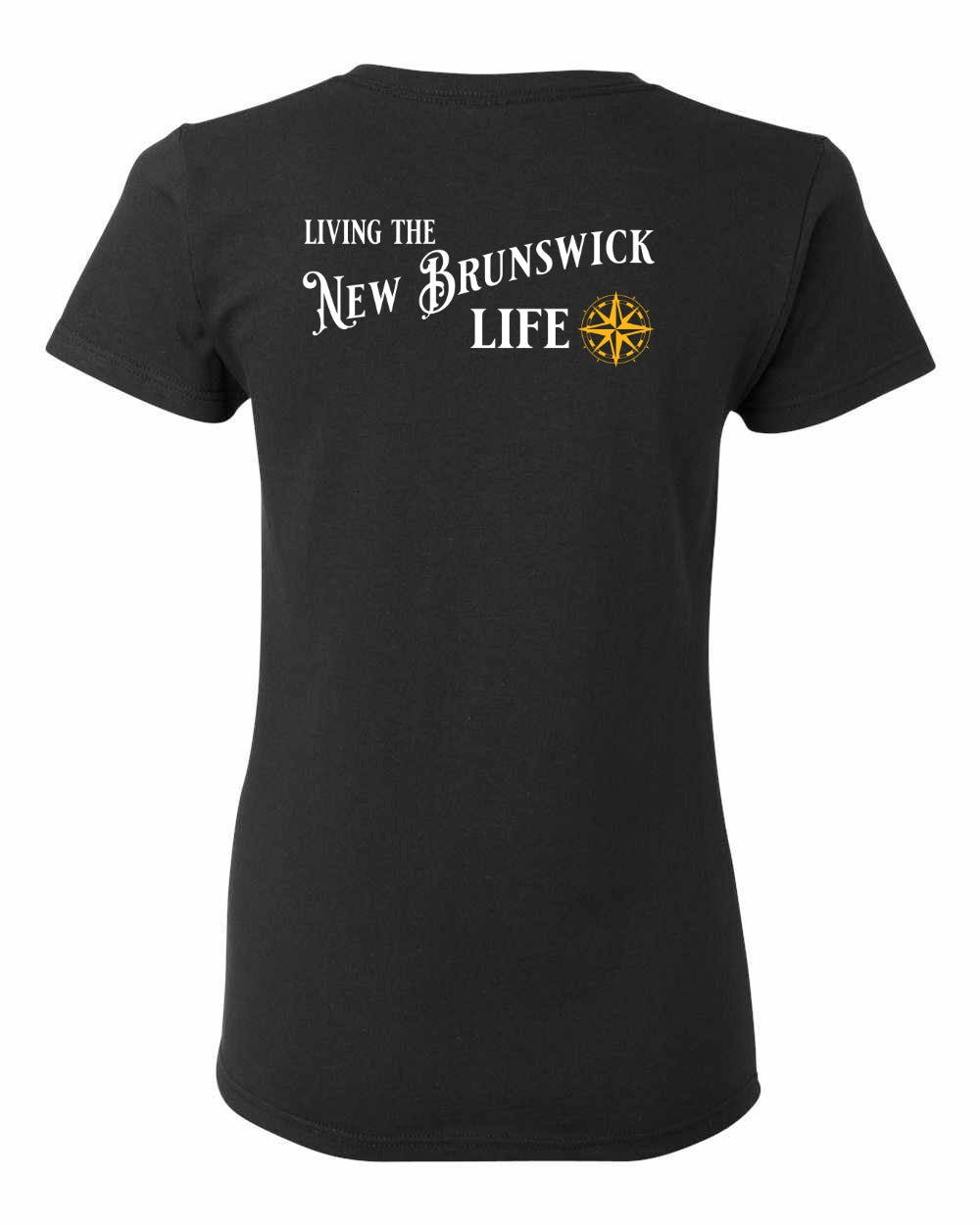 Living the New Brunswick Life yellow Left Chest and Back Women's Tee