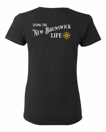 Living the New Brunswick Life yellow Left Chest and Back Women's Tee