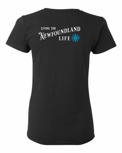 Living the Newfoundland Life blue Left Chest and Back Women's Tee