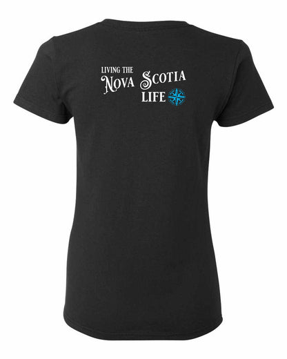 Living the Nova Scotia Life blue Left Chest and Back womens-tee