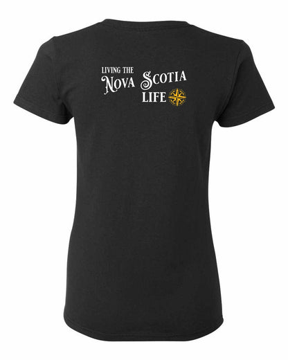 Living the Nova Scotia Life yellow Left Chest and Back womens-tee