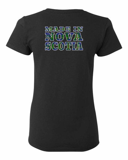 Made In Nova Scotia ( Tartan Lettering) Left Chest and Back womens-tee