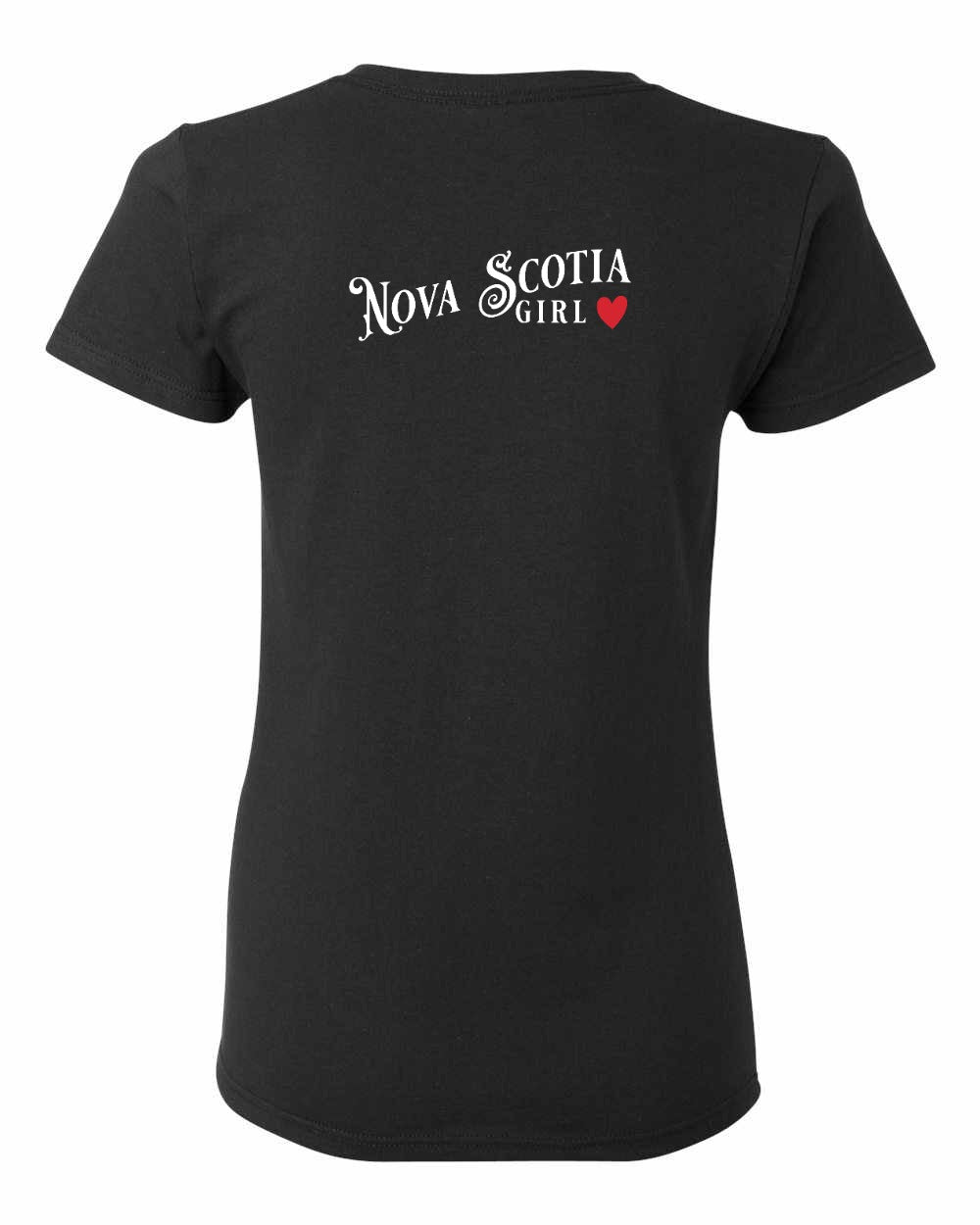 Nova Scotia Girl Red Heart Left Chest and Back womens-tee