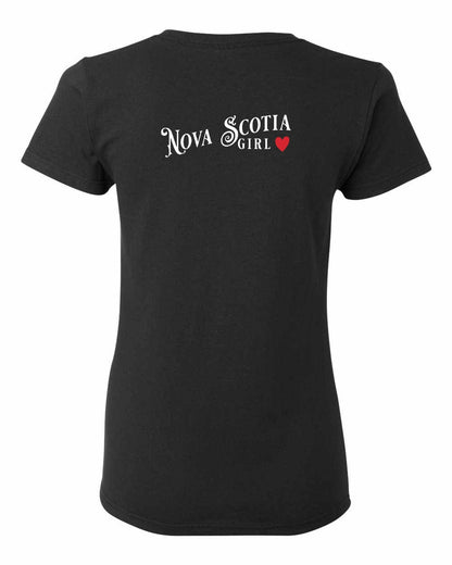 Nova Scotia Girl Red Heart Left Chest and Back womens-tee