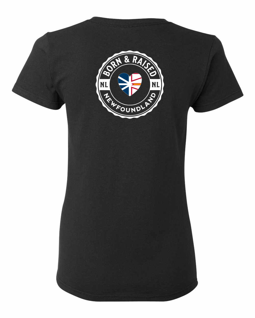 Born and Raised Heart Flag NFLD Left Chest and Back Women's Tee
