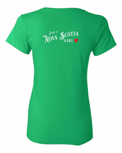 Just a Nova Scotia Girl Red Heart Left Chest and Back womens-tee