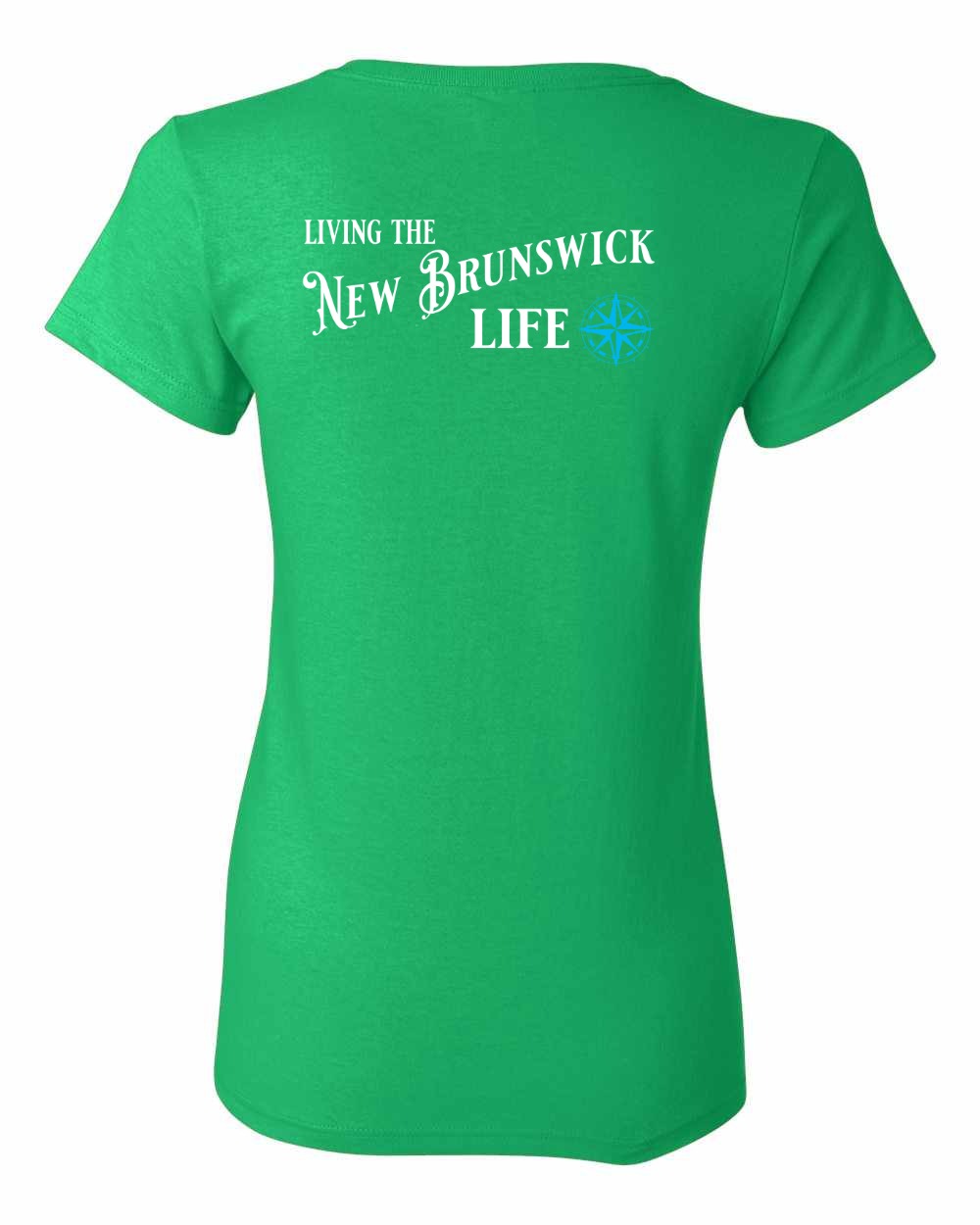 Living the New Brunswick Life blue Left Chest and Back Women's Tee