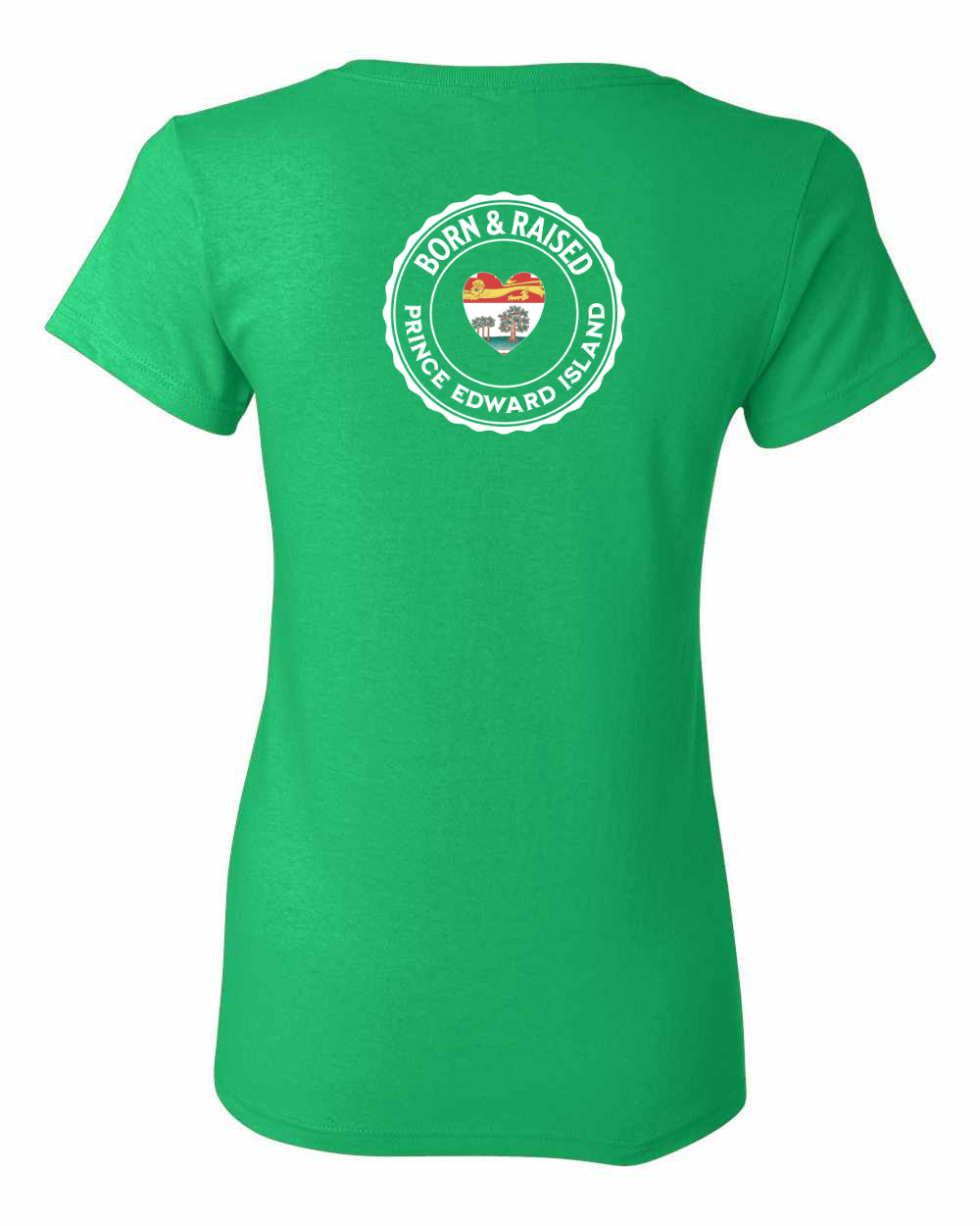Born and Raised Heart Flag PEI Left Chest and Back Women's Tee