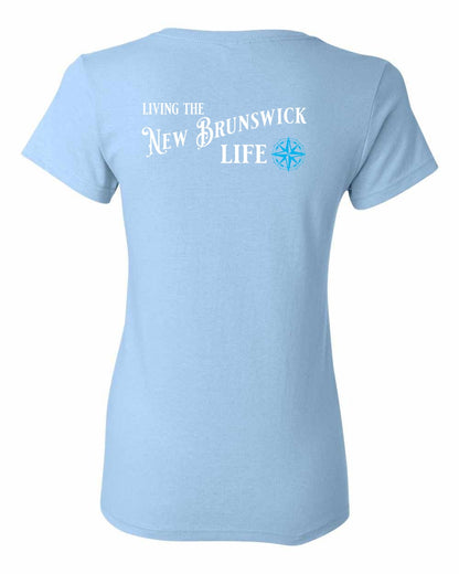 Living the New Brunswick Life blue Left Chest and Back Women's Tee