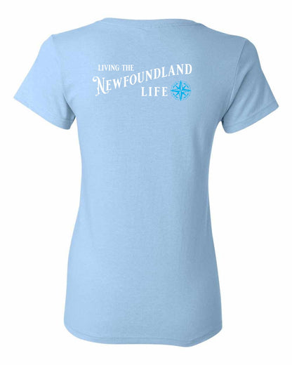 Living the Newfoundland Life blue Left Chest and Back Women's Tee