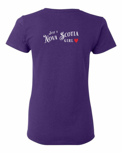 Just a Nova Scotia Girl Red Heart Left Chest and Back womens-tee