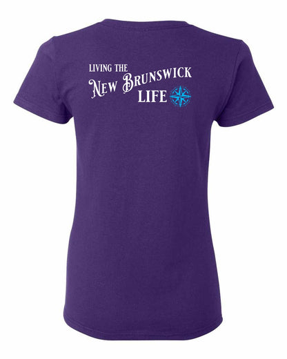 Living the New Brunswick Life blue Left Chest and Back Women's Tee