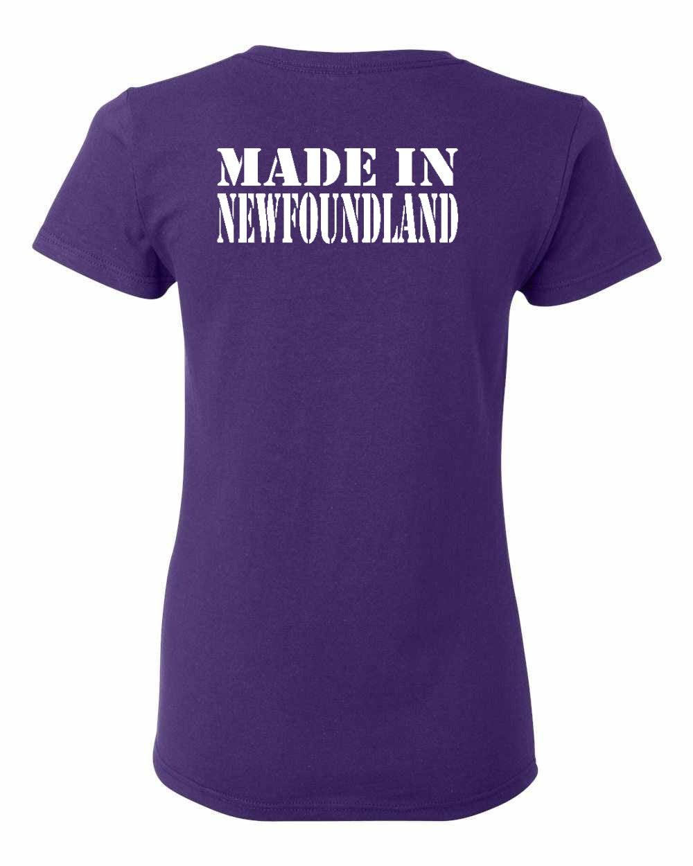 Made In NFLD ( White Lettering) Left Chest and Back Women's Tee