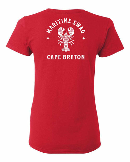 Maritime Swag Cape Breton Mandala white Lobster Left Chest and Back Women's Tee