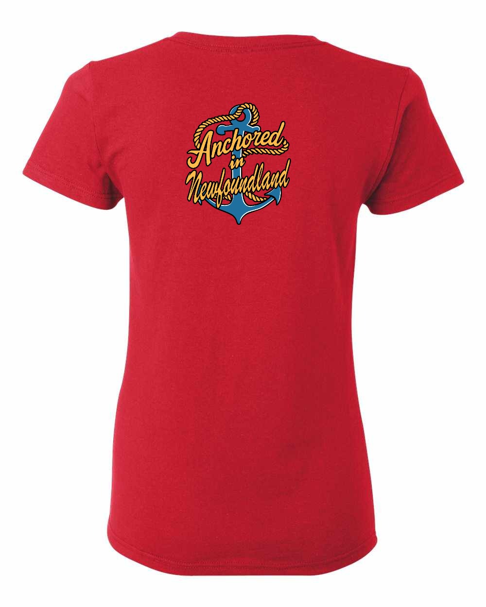 Anchored in NFLD (New Design) Left Chest and Back Women's Tee