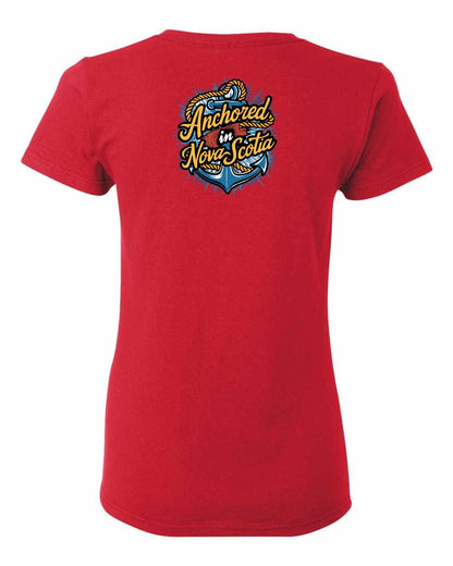 Anchored In Nova Scotia (Old Design) Left Chest and Back womens-tee
