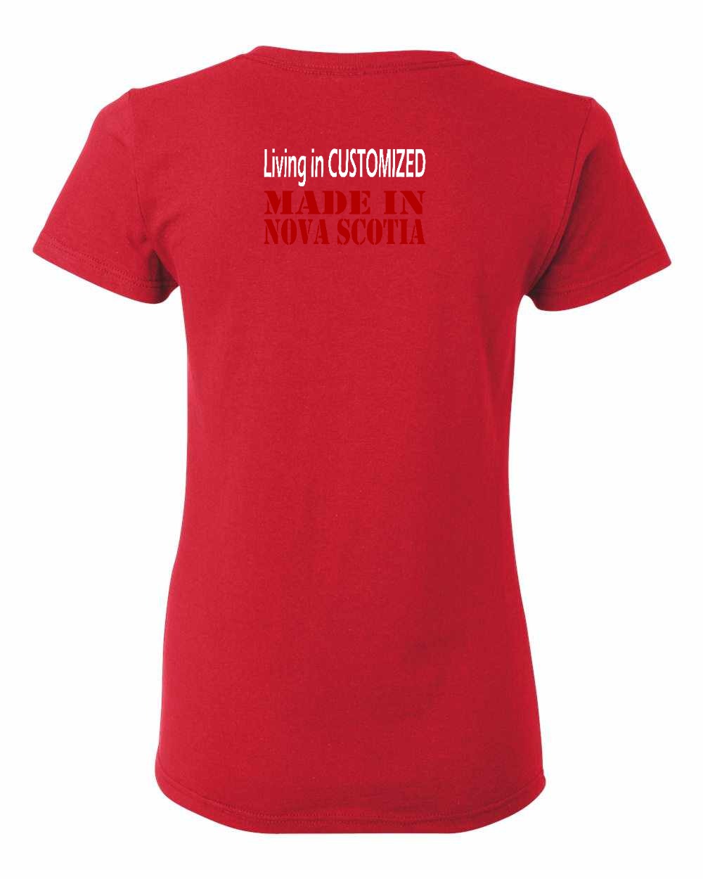 Living in Custom Made in Nova Scotia Left Chest and Back womens-tee