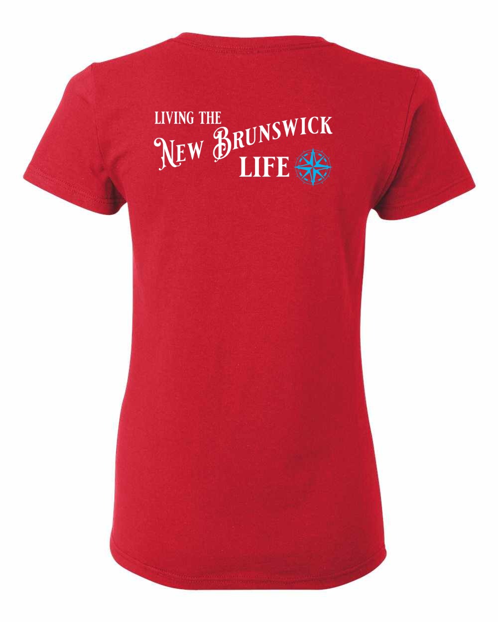 Living the New Brunswick Life blue Left Chest and Back Women's Tee