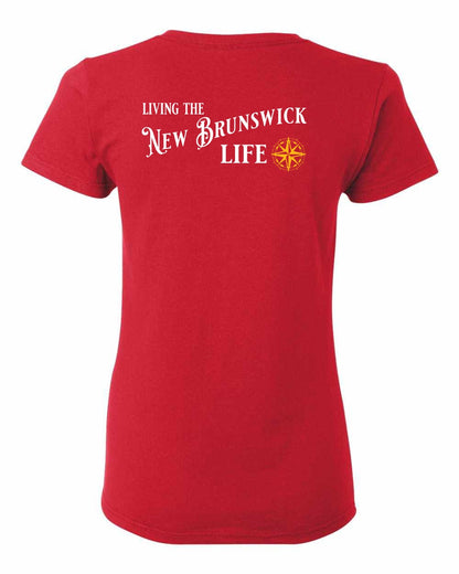 Living the New Brunswick Life yellow Left Chest and Back Women's Tee