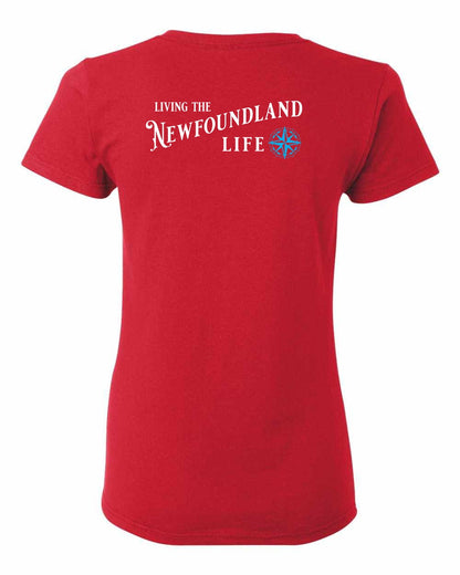 Living the Newfoundland Life blue Left Chest and Back Women's Tee