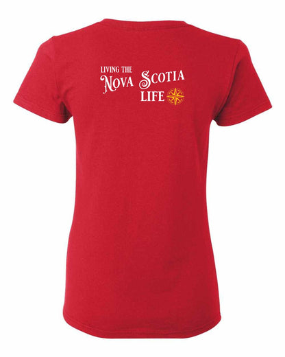 Living the Nova Scotia Life yellow Left Chest and Back womens-tee
