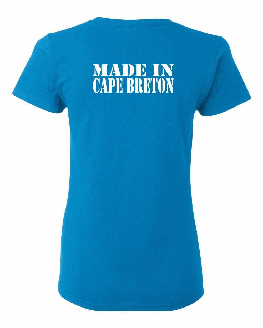 Made In Cape Breton White Left Chest and Back Women's Tee