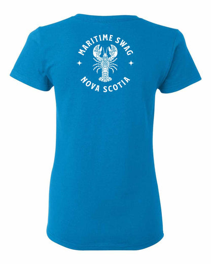 Maritime Swag Nova Scotia Mandala white Lobster Left Chest and Back womens-tee