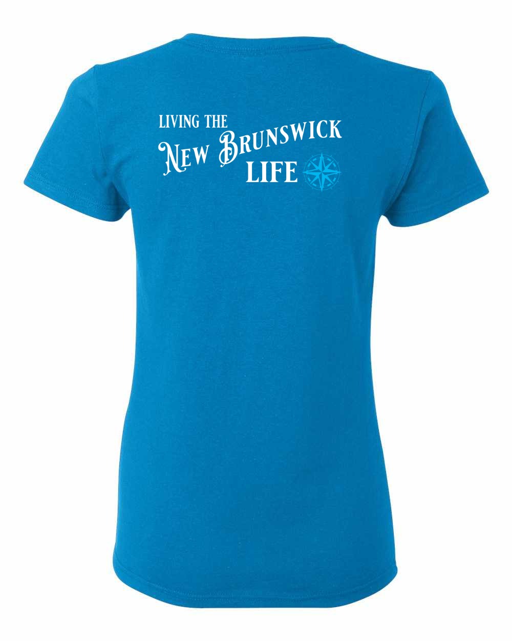 Living the New Brunswick Life blue Left Chest and Back Women's Tee