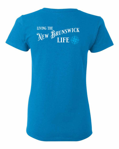 Living the New Brunswick Life blue Left Chest and Back Women's Tee