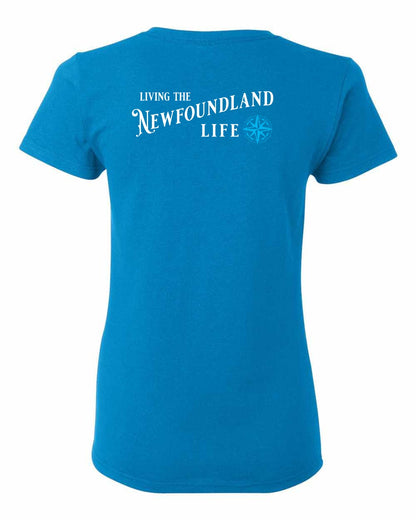 Living the Newfoundland Life blue Left Chest and Back Women's Tee