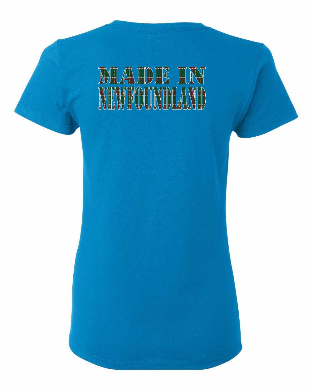 Made In NFLD ( Tartan Lettering) Left Chest and Back Women's Tee