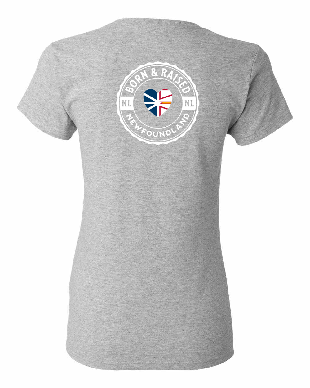 Born and Raised Heart Flag NFLD Left Chest and Back Women's Tee