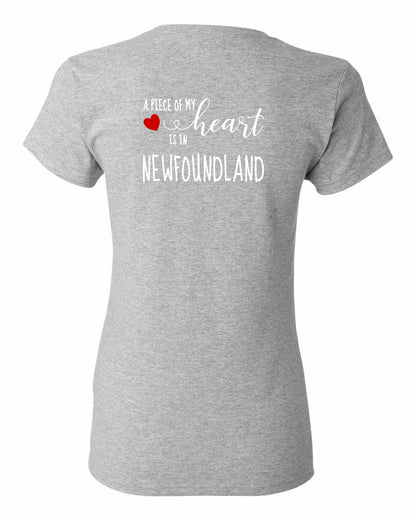 A piece of My heart in Newfoundland (Red Heart) Left Chest and Back Women's Tee