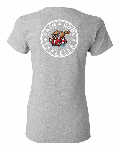 Calm Cool Canadian Beaver and Moose Left Chest and Back Women's Tee