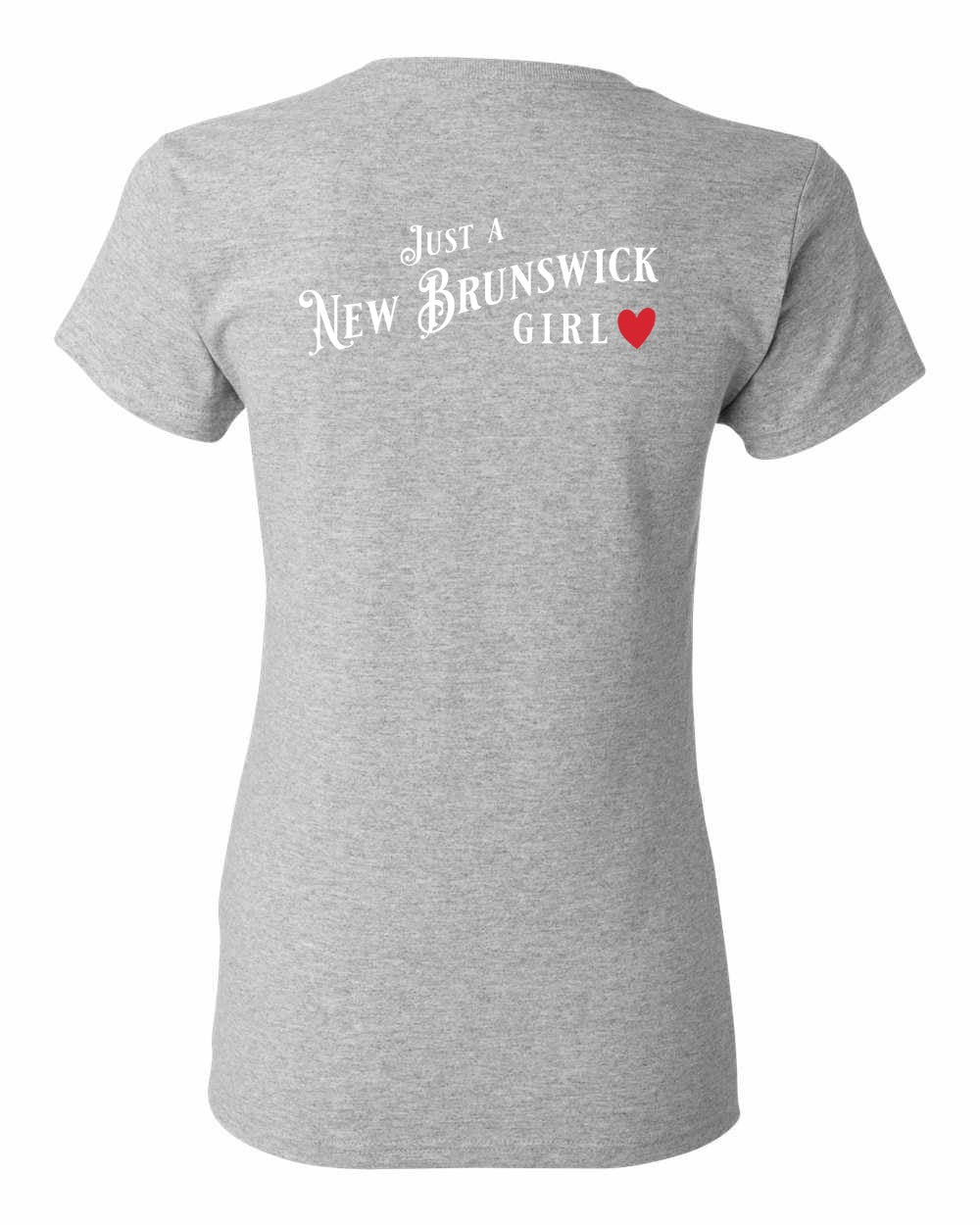 Just a New Brunswick Girl Red Left Chest and Back Women's Tee