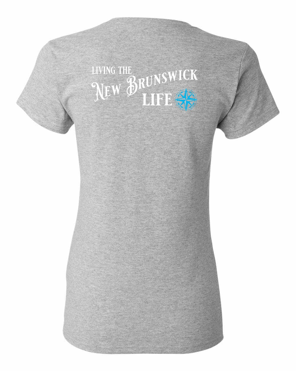 Living the New Brunswick Life blue Left Chest and Back Women's Tee