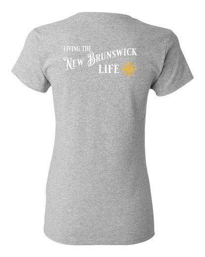 Living the New Brunswick Life yellow Left Chest and Back Women's Tee