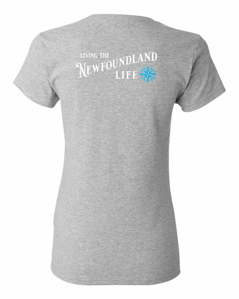 Living the Newfoundland Life blue Left Chest and Back Women's Tee
