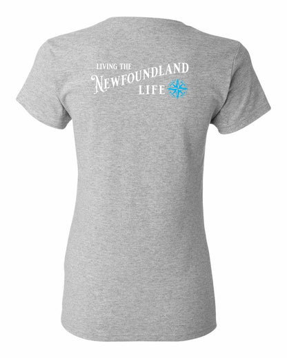 Living the Newfoundland Life blue Left Chest and Back Women's Tee