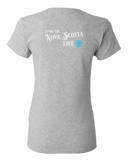 Living the Nova Scotia Life blue Left Chest and Back womens-tee
