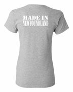 Made In NFLD ( White Lettering) Left Chest and Back Women's Tee