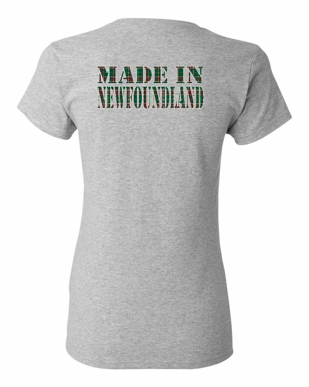 Made In NFLD ( Tartan Lettering) Left Chest and Back Women's Tee