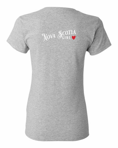 Nova Scotia Girl Red Heart Left Chest and Back womens-tee