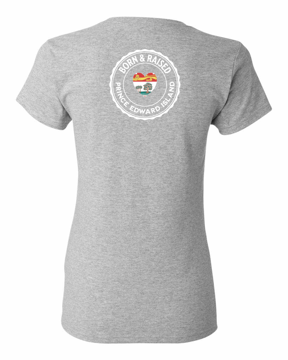 Born and Raised Heart Flag PEI Left Chest and Back Women's Tee