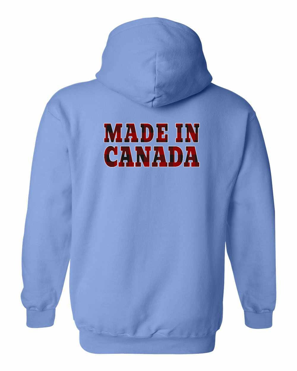 Made in Canada Plaid Background Left Chest and Back Pullover Hoodie - Gildan Canada (sewn Internationally) - Unisex