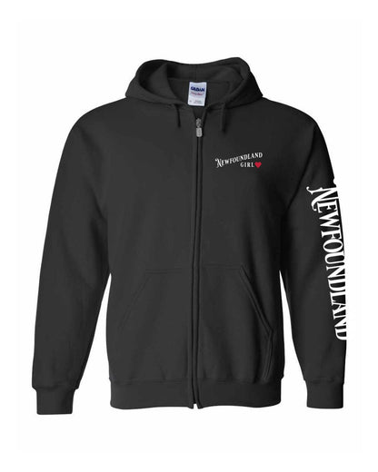 Newfoundland Girl Red Heart Left Chest And Sleeve Zip Hoodie