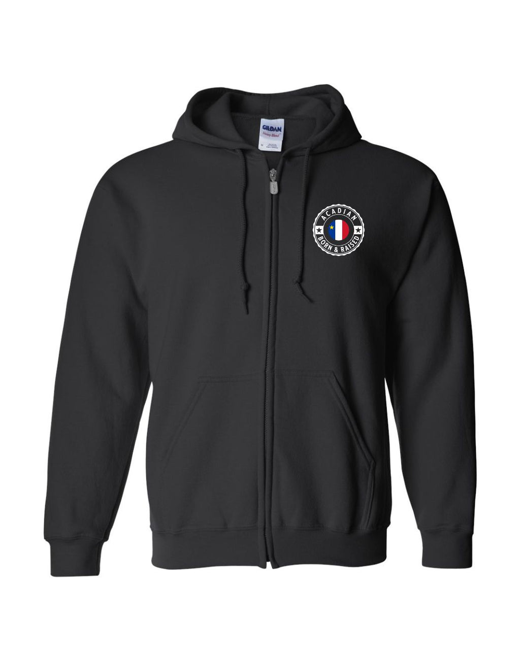 Acadian Born and Raised Acadian Flag Center - Left Chest and Back Zip Hoodie - Unisex