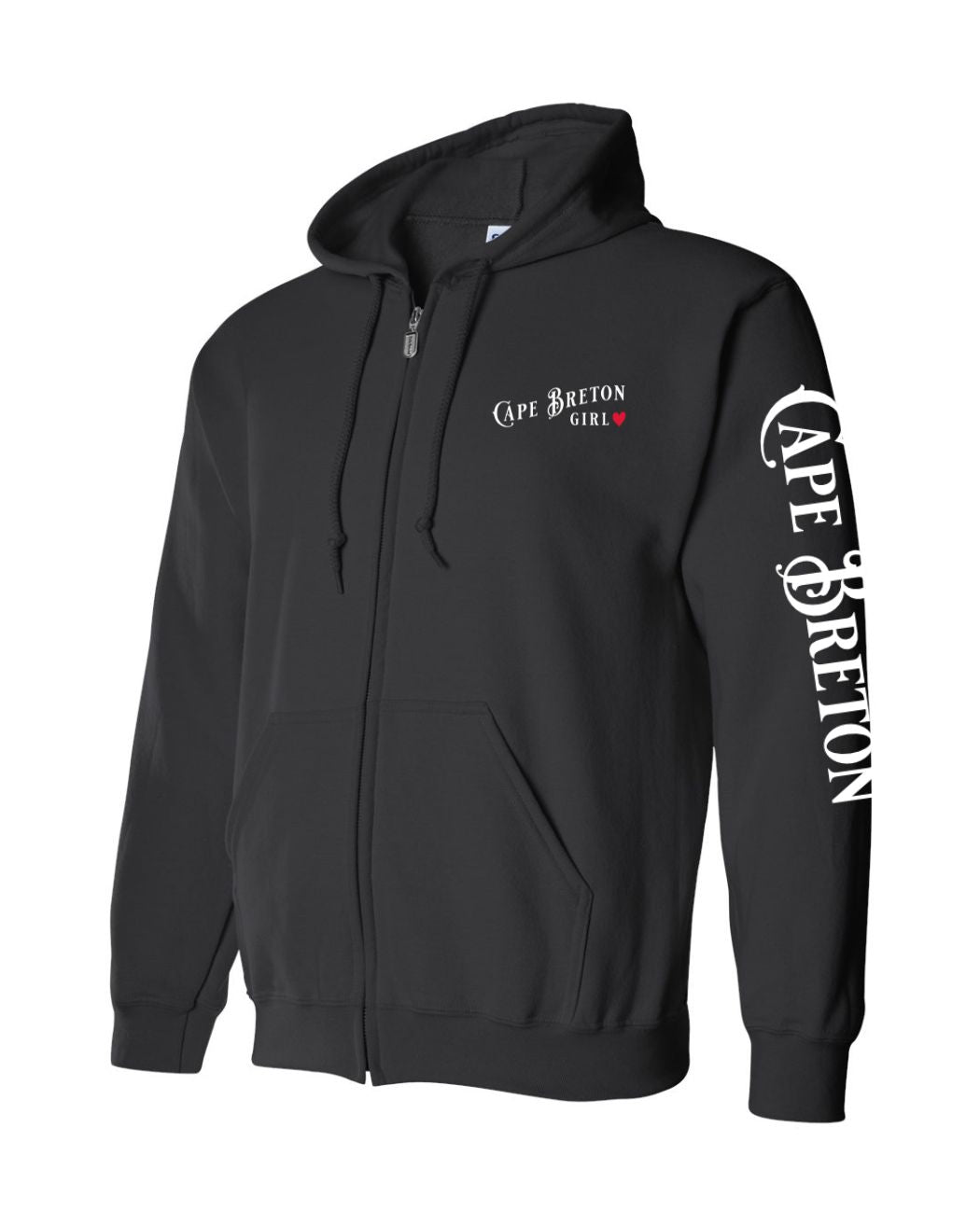 Cape Breton Girl Red Heart Left Chest and Sleeve Zip Hoodie