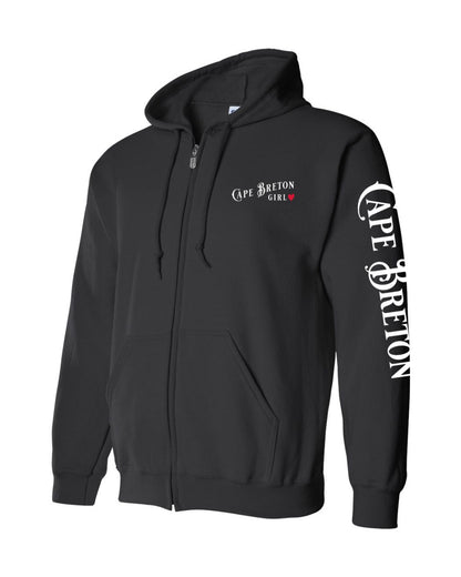 Cape Breton Girl Red Heart Left Chest and Sleeve Zip Hoodie