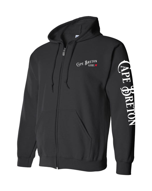 Cape Breton Girl Red Heart Left Chest and Sleeve Zip Hoodie